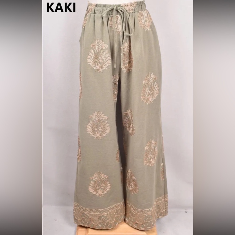 FROM PARIS FRANCE Embroidered Wide-Leg Pants - Green